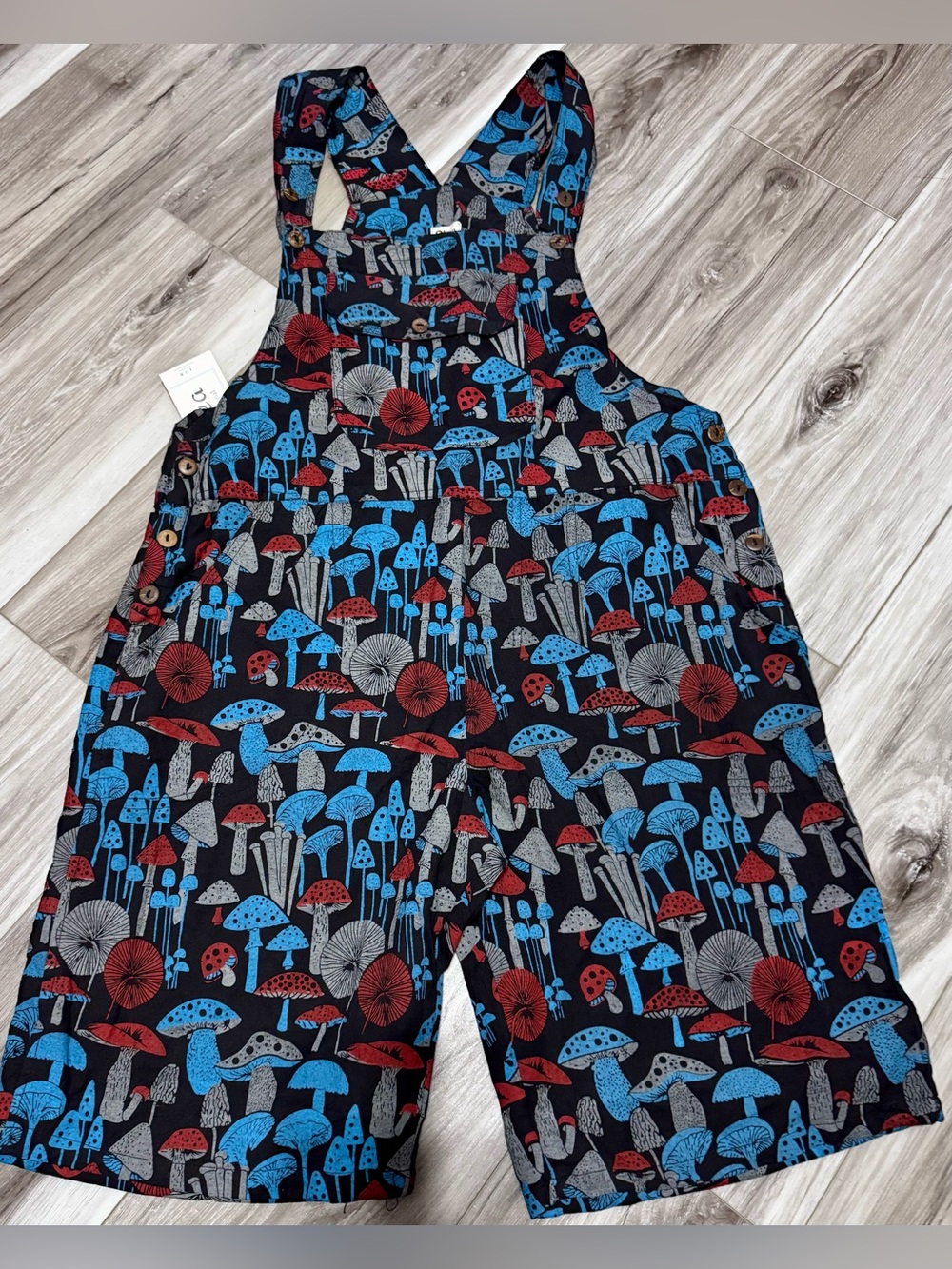 Unisex Rhea Mushroom Spots Short Jumper Overalls Black Red Blue Size Small NWT